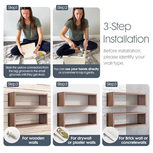 Floating Cube Shelves Set of 2 - Dark Walnut Rectangle Wall Mount Storage