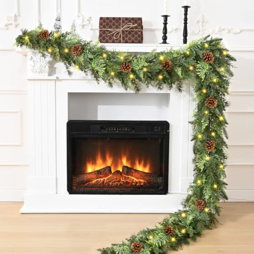 Waipfaru 2PCS 9FT Christmas Garland with Lights - Realistic Cedar & Pinecones Indoor Outdoor Decor
