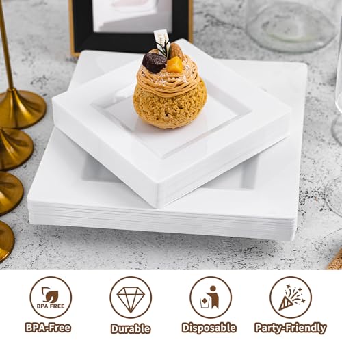White Square Disposable Plastic Plates 100 Pack for Party - Pryntono