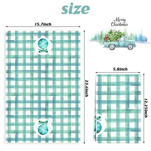 Kajaia 4 Pieces Christmas Teal Kitchen Towels and Dishcloths Merry Christmas Truck Gnome Kitchen Towels Blue Buffalo Plaid Hand Towels Turquoise Blue Dish Towels Teal Christmas Kitchen Decor(Gnome)