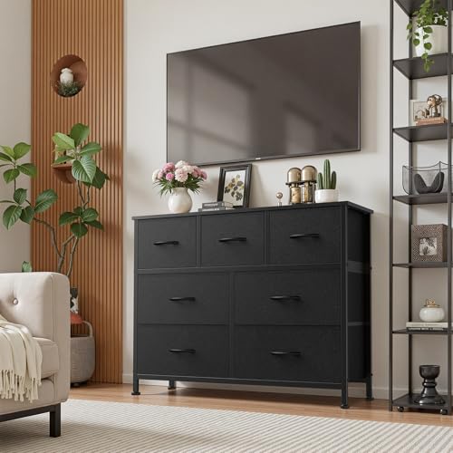 Black 7-Drawer Fabric Dresser with Bins - Space-Saving Bedroom Storage, 39.4 x 11.8 x 30 inches