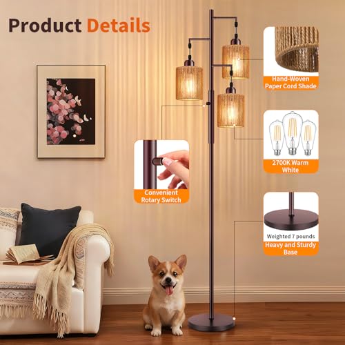 72-Inch Boho Rattan Tree Floor Lamp - Brown, Dimmable Standing Lighting with Oil-Rubbed Bronze + Light Brown Variation