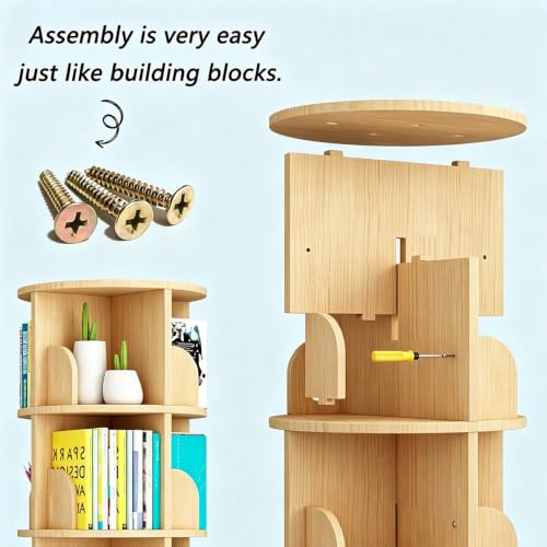 Gdrasuya10 3-Tier Rotating Wooden Bookshelf with Legs, Space-Saving Round Display Shelf
