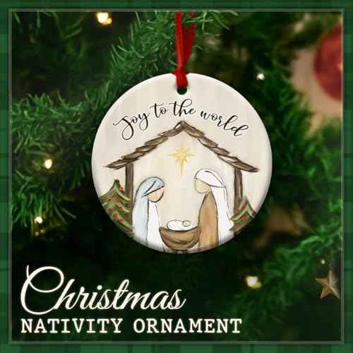 Christmas Nativity Scene Ornament - Joy to The World Xmas Decorations - Christian Ceramic Ornament for Tree, for Religious Men & Women