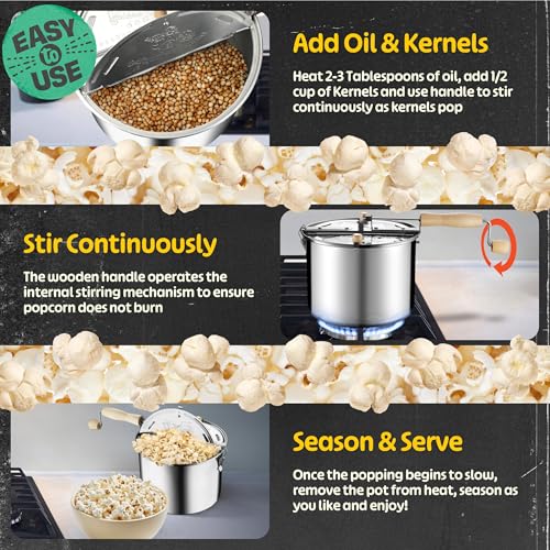 Stovetop Popcorn Maker 6.5 Quart Stainless Steel Silver with Stirring Handle