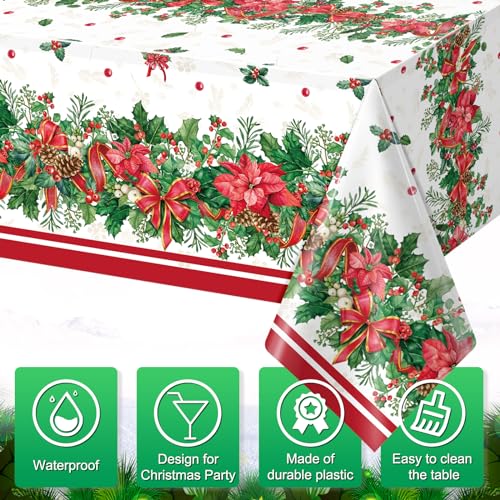MASHAN 12-Pack Christmas Holly Poinsettia Tablecloths 54x108in Holiday Decor