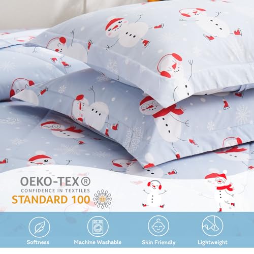 JSD Snowman Kids Comforter Set Twin Size with Pillow Sham - Blue Christmas Bedding