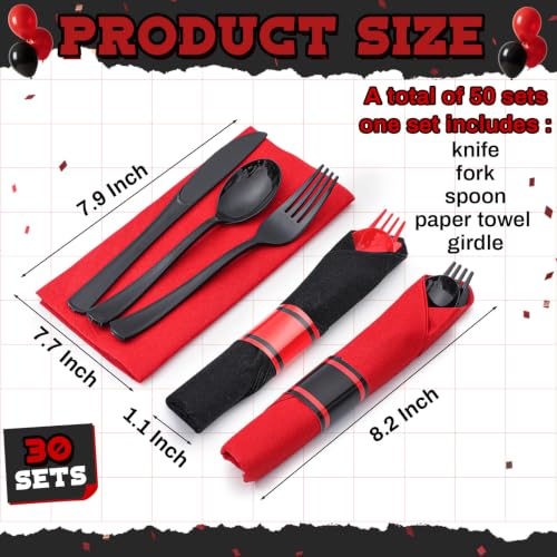 Black and Red Halloween Pre-Rolled Silverware Sets - 30 Disposable Forks, Knives, Spoons & Napkins