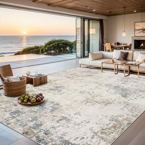 8x10 Beige Modern Abstract Washable Area Rug for Living Room