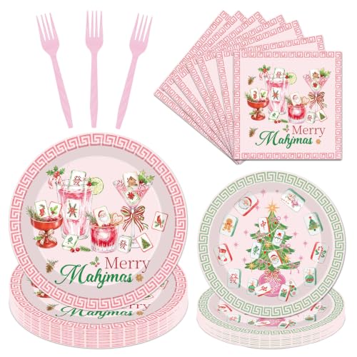 Musaeva Christmas Mahjong Party Tableware Set for 24 - Plates, Napkins, Forks