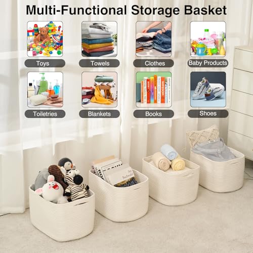 Off White Storage Baskets for Organizing & Shelves - 15"L x 11"W x 9.5"H, 4-Pack Cotton Rope Bins