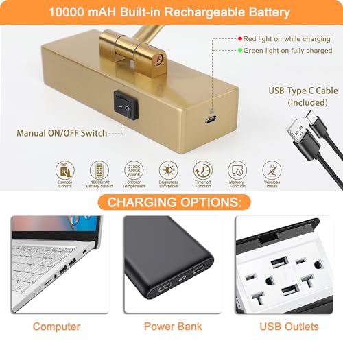 Brass Rechargeable Battery Operated Picture Light with Remote - 23.6 Inch Dimmable Art Wall Sconce