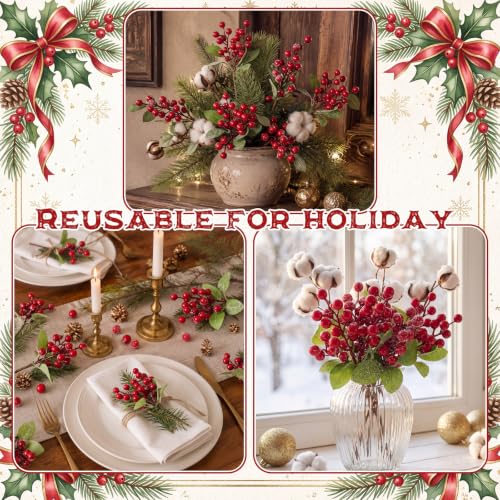 Cindeer Classic 24Pcs Artificial Red Berries Holly Stem Decor for Christmas