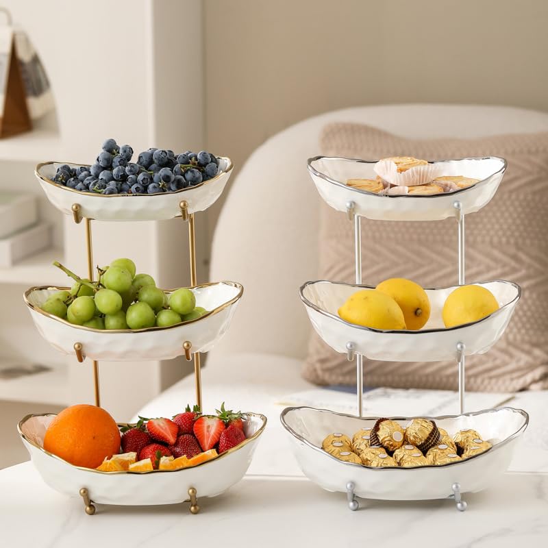 White 3-Tier Fruit Bowl with Gold Metal Stand - Modern Ceramic Fruit Rack - Variation: White A