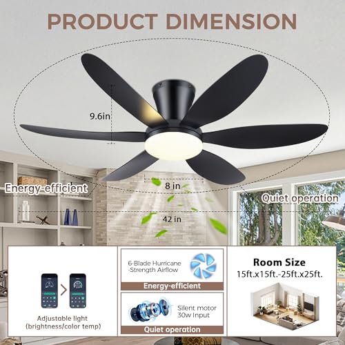 42-Inch Ceiling Fan with Lights - Black Low Profile Flush Mount Remotely Controlled