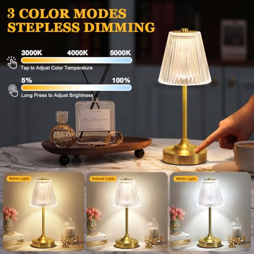 Gold Cordless Rechargeable Table Lamp - 1 Pack, Touch Control, Crystal Shade