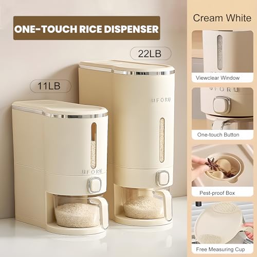 UFORU Cream White 23-25LB Airtight Rice Dispenser with Measuring Cup and Pest Prevention