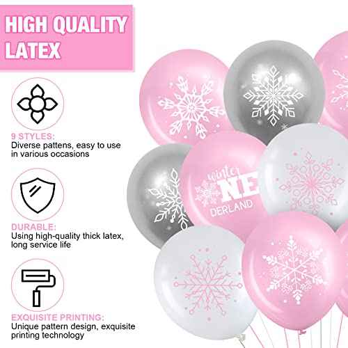 45 Pcs Snowflake Balloons Winter Wonderland Frozen Balloons Onederland First Birthday Party Decorations for Christmas Baby Shower Wedding Decor (Pink, Silver, White)
