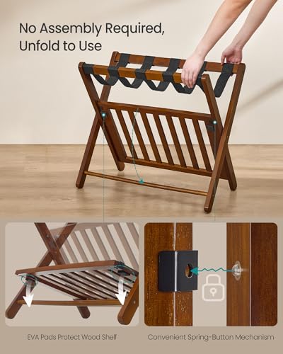 SONGMICS Solid Wood Luggage Rack 2 Pack with Storage Shelf, No Assembly, Coffee Brown