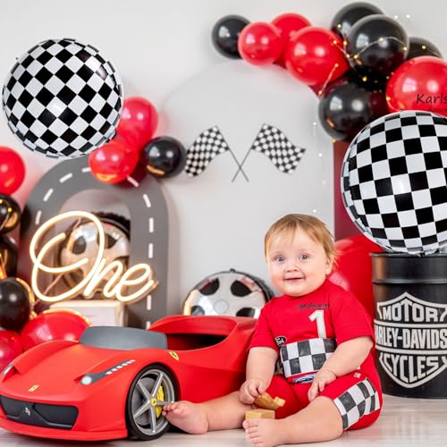 TONIFUL 8Pcs Large Checkered 4D Giant Round Foil Balloon 22inch Big Mirror Metallic Mylar Sephere Balloons for Christmas New Year Birthday Party Graduation Wedding Baby Shower Decoration Supplies