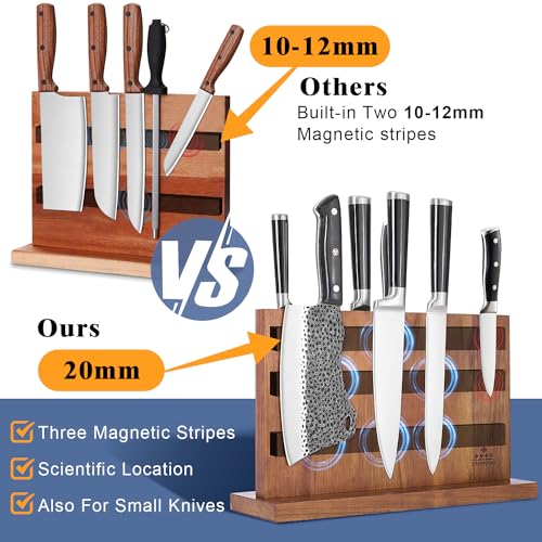 Large Magnetic Knife Block - 15x9 Inches Acacia Wood Knife Holder with Double-Sided Magnet
