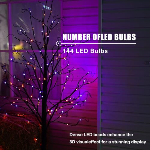 6FT Halloween Lighted Black Birch Tree with Purple & Orange LED Lights, Waterproof Indoor Outdoor Spooky Tree with Timer