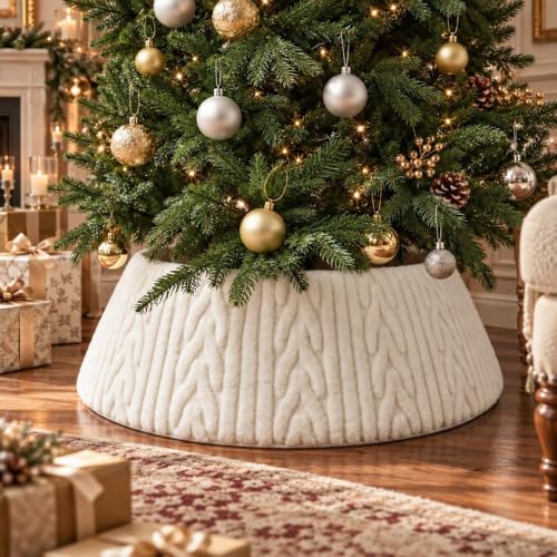White Plush Tree Collar 28in Christmas Tree Skirt with Thick Herringbone Pattern - Bunny Chorus