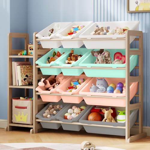 Kids Toy Storage Organizer with 3 Shelves & 12 Bins - Multi Color, Solid Pine Wood