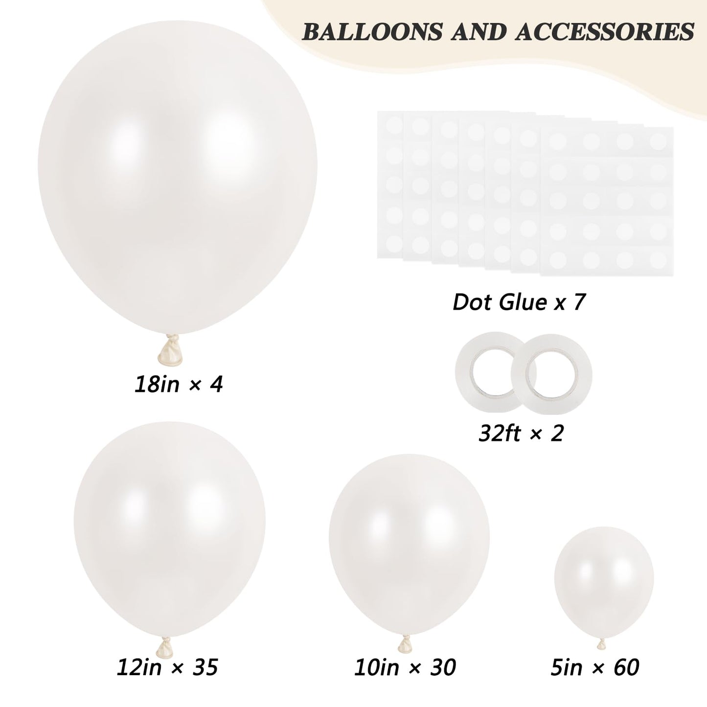 RUBFAC 129pcs Pearl White Balloons Different Sizes 18 12 10 5 Inch for Garland Arch Kit, Latex Balloon for Wedding Engagement Anniversary Bridal Baby Shower Birthday Party Decoration