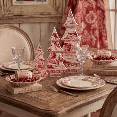 3-Piece Red Toile de Jouy Wood Christmas Trees Set