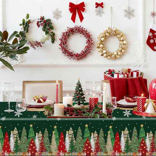 3 Pcs Christmas Tablecloth - Xmas Tree Plastic Table Cloth, 54 x 108 Inch Green Xmas Disposable Rectangle Table Cover with Snowflake Pattern for Christmas Party, Winter Holiday Dinner Decoration