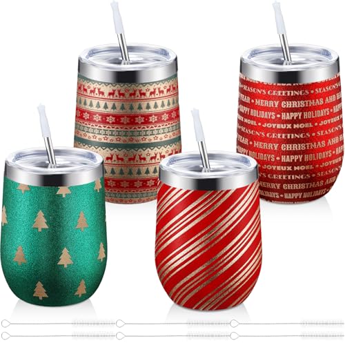 Sliner 4 Pack Christmas Glitter Tumbler Set - Retro Style 12oz Insulated Stainless Steel Holiday Drinkware