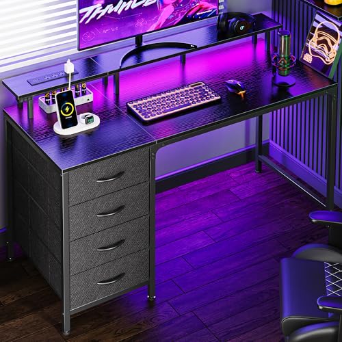 47 Inch Computer Desk with LED Lights & Power Outlets - Black, Reversible Drawers, Monitor Stand, Gaming & Office Use