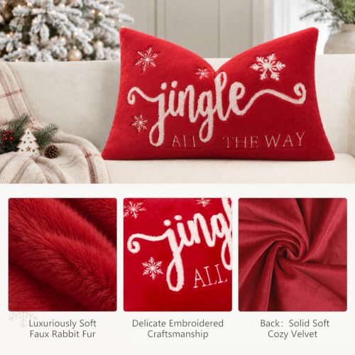 ZWJD 12x20 Inch Christmas Lumbar Pillow Cover with 3D Embroidery Faux Fur, Red