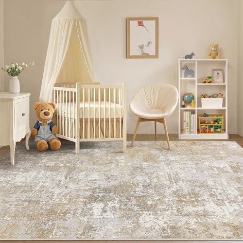 8' x 10' Washable Area Rug for Living Room - Modern Abstract Neutral Large Soft Non Slip Carpet - Beige Brown