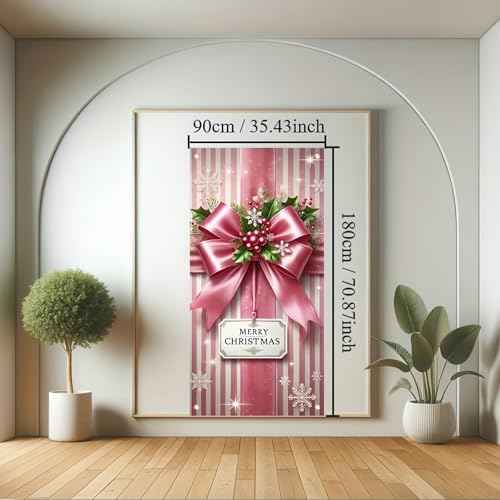 Christmas Door Cover Christmas Pink Bow Holly Hanging Banner Backdrop Gift Box Photography Background Holiday Door Hanging Cover Door Cover Banner for Xmas Holiday New Year 71X35 Inch