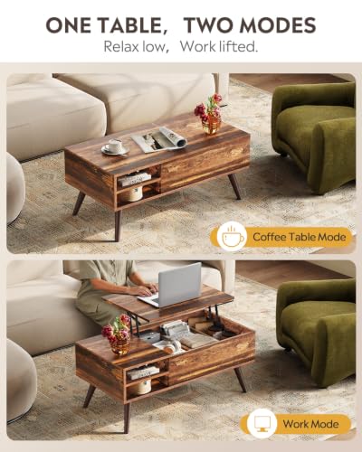 WLIVE Classic Brown Lift Top Coffee Table with Hidden Storage & Adjustable Shelf - 39"