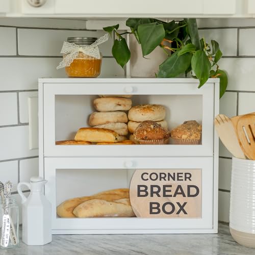 BakedBin White Double Layer Corner Bread Box - Airtight, Extra Large Kitchen Storage