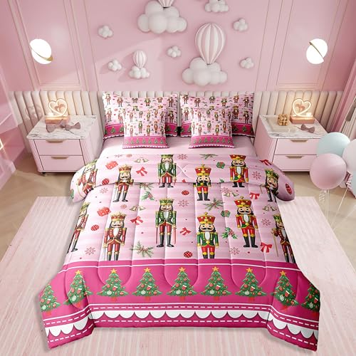 Erosebridal 7-Piece Pink Bow Comforter Set Full Bed in a Bag – Christmas Trees & Snowflake Design