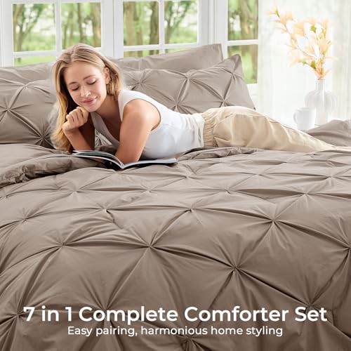 Oversized King Comforter Set with Geometric Pintuck Design - Dark Linen, 7 Pieces