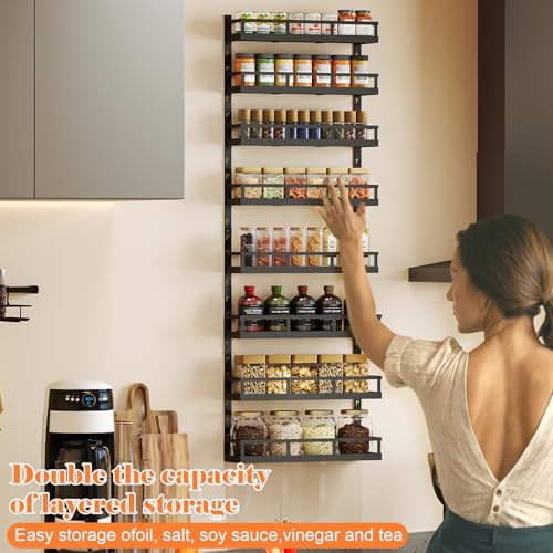 Adjustable 8-Tier Wall-Mounted Spice Rack with Mixed Baskets - Black / 4.6" Diameter