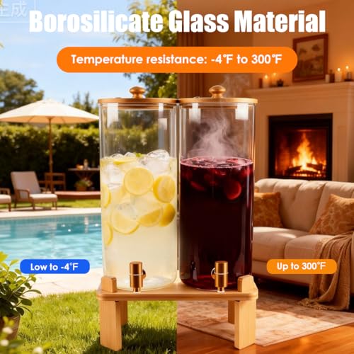 Large Glass Beverage Dispenser Set with Wood Stand - 2 Gallon Water & Juice Containers