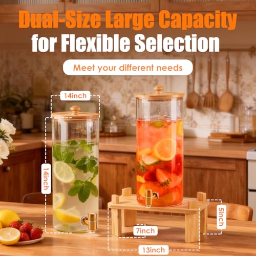 Large Glass Beverage Dispenser Set with Wood Stand - 2 Gallon Water & Juice Containers
