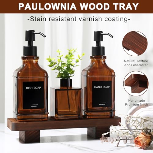 Amber Glass Soap Dispenser Set with Wooden Tray - Modern Kitchen & Bathroom Decor - Variation: Amber
