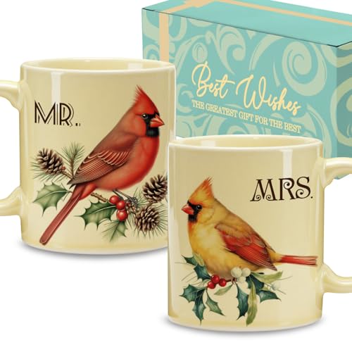 Couples Coffee Mug Set with Cardinal Design - Wedding & Anniversary Gift
