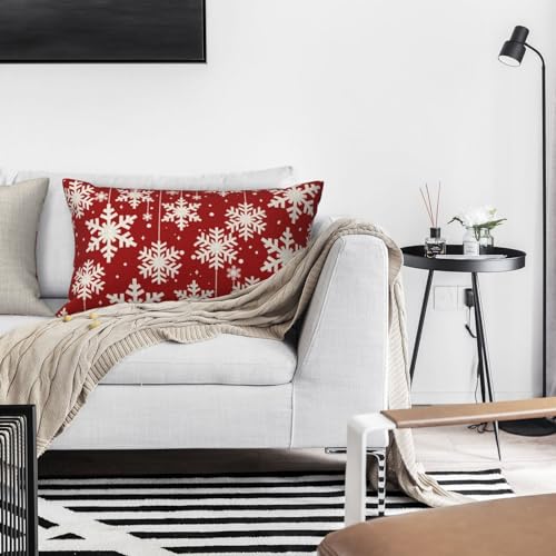 NIDITW Christmas Snowflakes Throw Pillow Cover 12x20 Inches Red Cotton Linen
