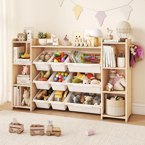 GITAWUSA White Toy Storage Organizer with 6 Shelves, 9 Bins & 6 Hooks - 57"W Kids Bookcase & Playroom Storage