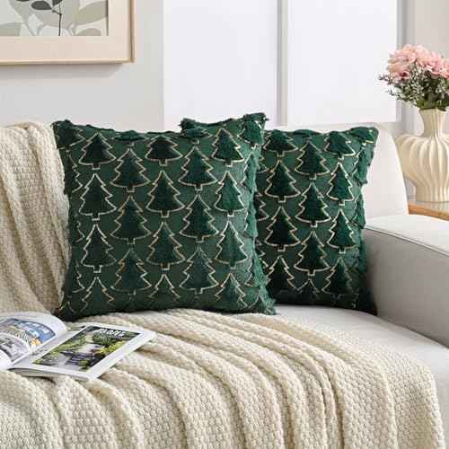 Volcanics Dark Green Christmas Tree Decorative Throw Pillow Covers 18x18 Inch Set of 2, Soft Plush Faux Fur with Sparkling Sequin Design, Luxury Throw Pillowcases for Couch Holiday Festivals