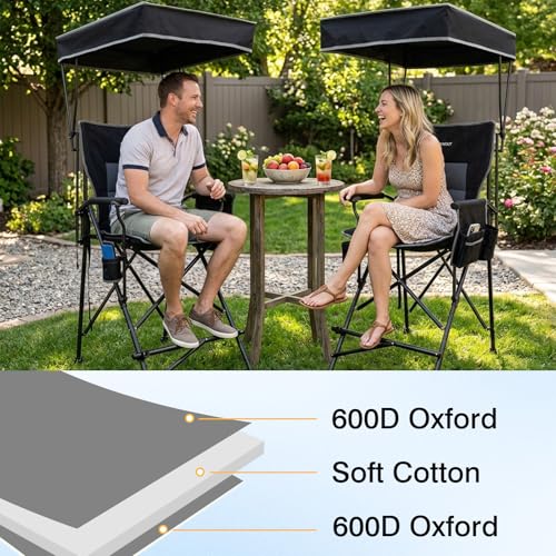Black 27.5-Inch Tall Oversized Folding Camping Chair with Canopy & Footrest - Supports 300 lbs