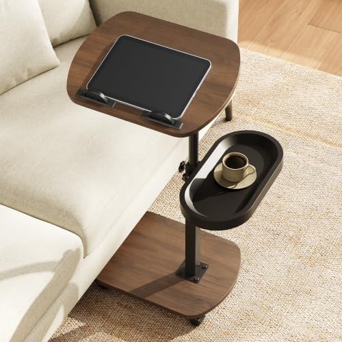 WLIVE C-Shaped End Table with Adjustable Height & Swivel Top - Dark Walnut